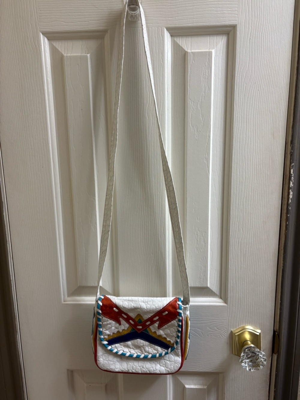 White Crossbody Shoulder Bag with Colorful Embroidered Accents